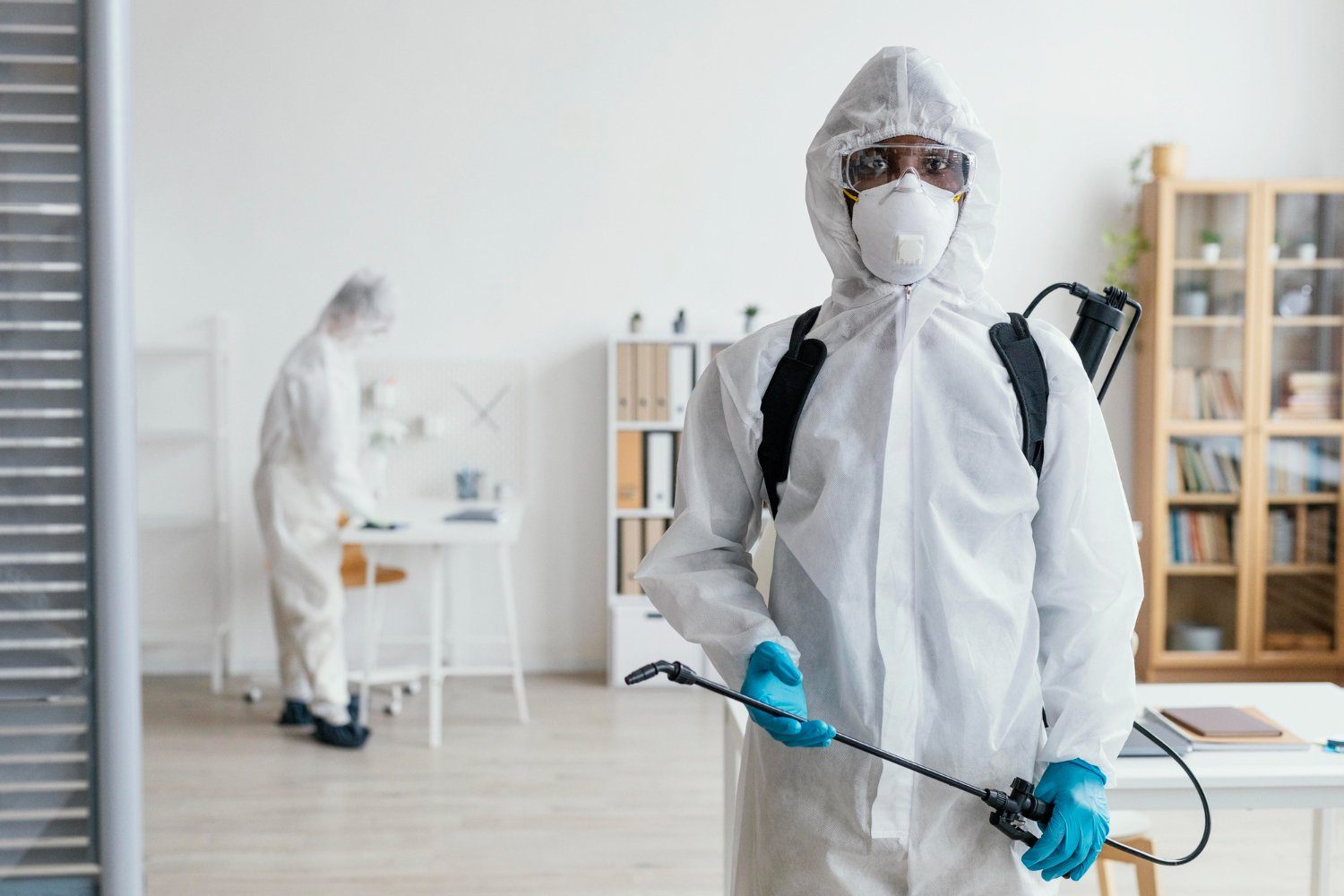 Pest control technicians in protective gear treating an indoor space